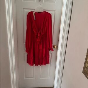 Red Pleated Wrap Sundress with Bishop Sleeves